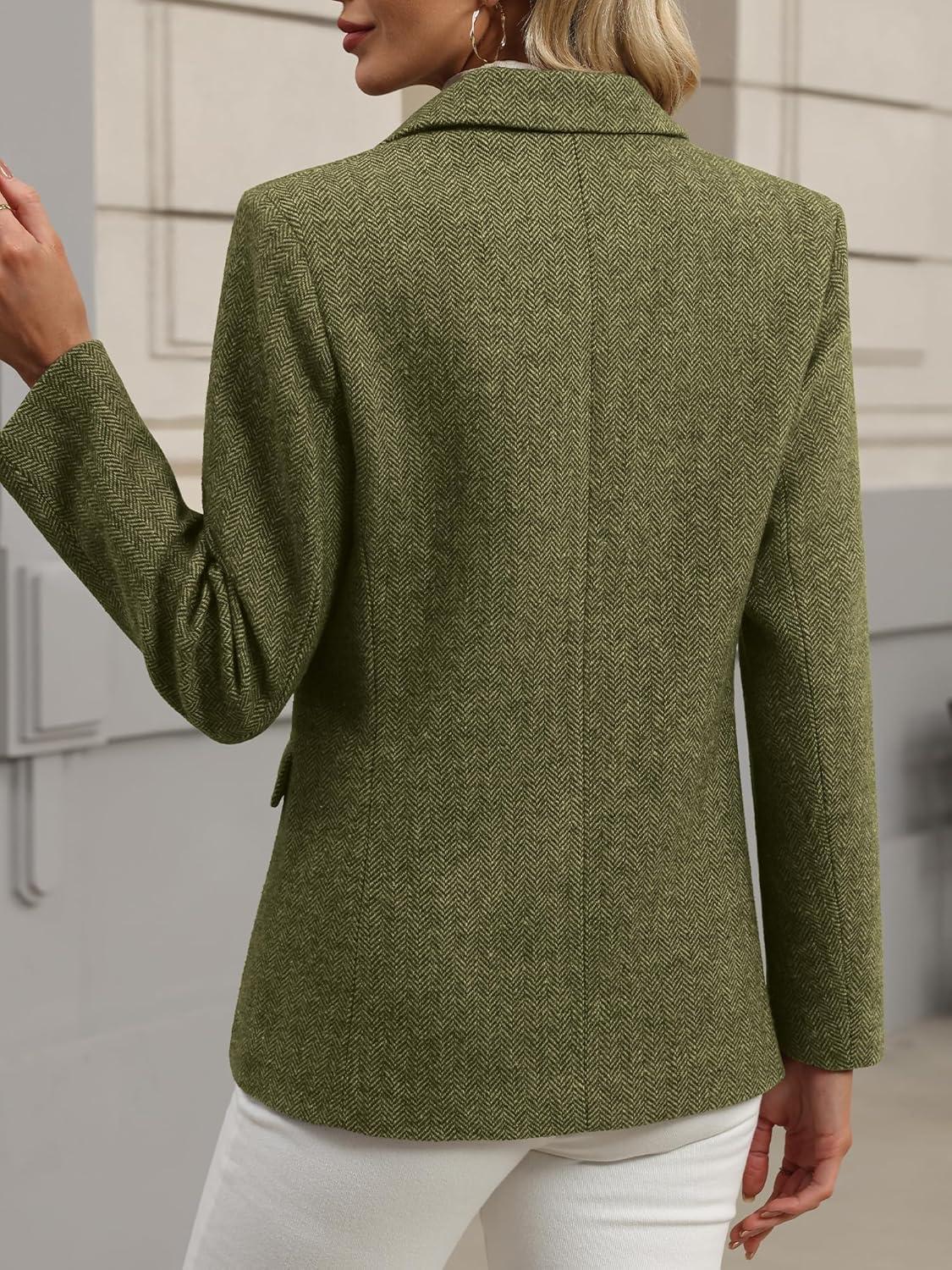 image:imageELLEVEN Womens Wool Blend Tweed Warm Blazers Herringbone Business Casual Fall Winter Oversize Suit JacketDark Green