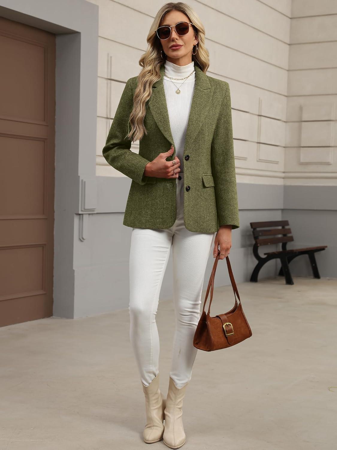 image:imageELLEVEN Womens Wool Blend Tweed Warm Blazers Herringbone Business Casual Fall Winter Oversize Suit JacketDark Green