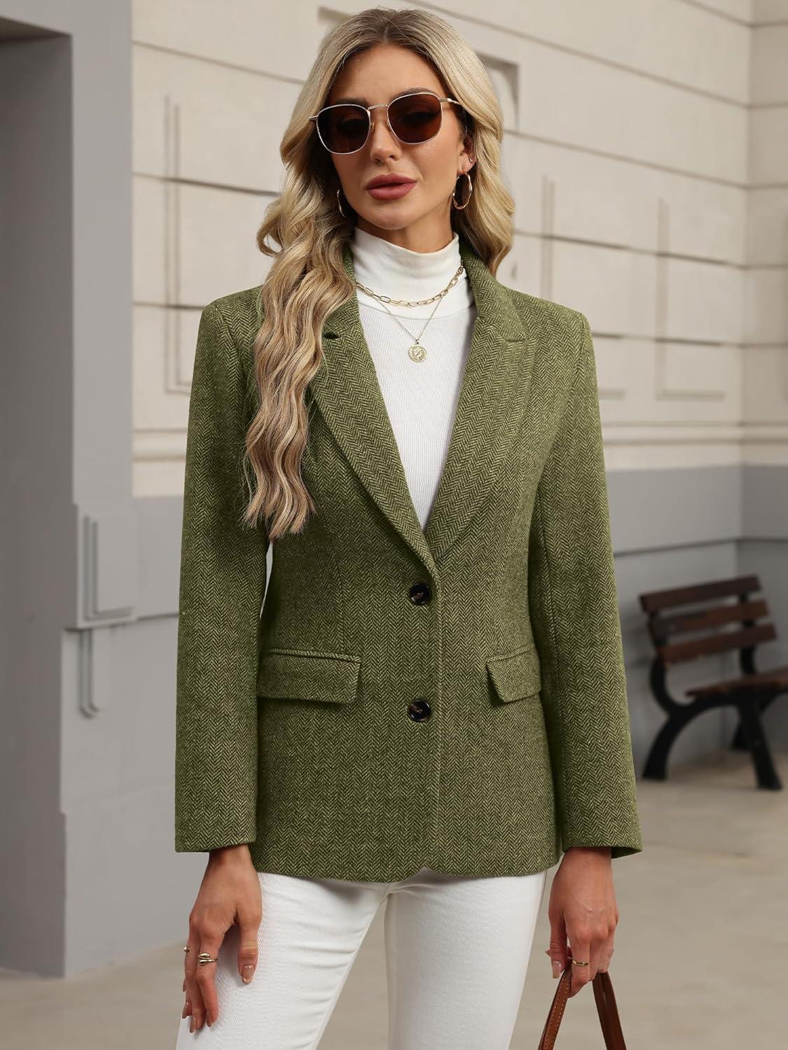 image:imageELLEVEN Womens Wool Blend Tweed Warm Blazers Herringbone Business Casual Fall Winter Oversize Suit JacketDark Green
