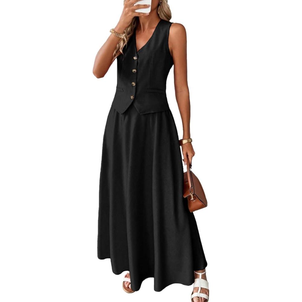 image:imageELLEVEN 2 Piece Linen Sets for Women Summer OutfitVNeck Vest Top amp Flowy Maxi SkirtBlack