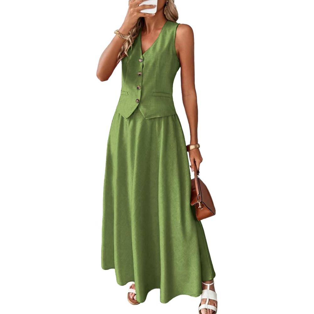 image:imageELLEVEN 2 Piece Linen Sets for Women Summer OutfitVNeck Vest Top amp Flowy Maxi SkirtGrass Green