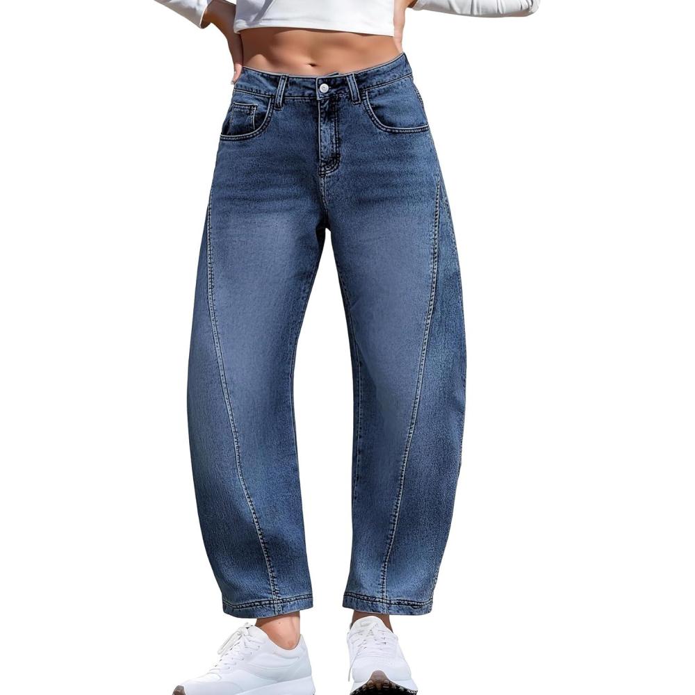 image:imageELLEVEN Barrel Jeans for Women Stretchy Denim Pants Boyfriend Baggy Mid Rise Sweatpant JeansBlue