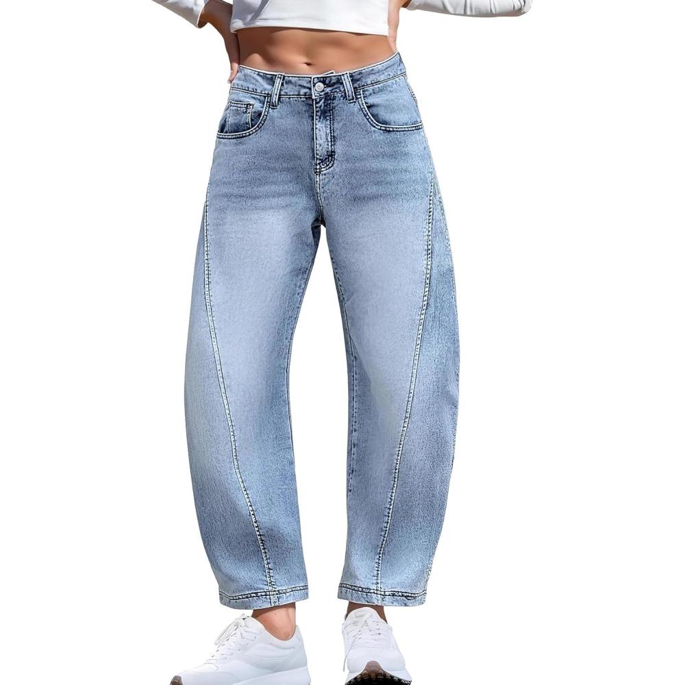 image:imageELLEVEN Barrel Jeans for Women Stretchy Denim Pants Boyfriend Baggy Mid Rise Sweatpant JeansLight Blue