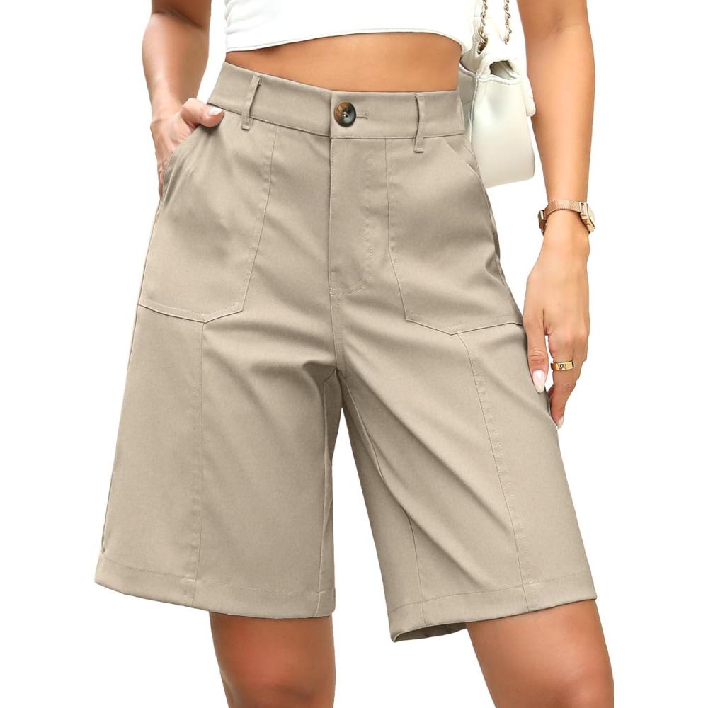 image:imageELLEVEN Bermuda Shorts for Women Elastic Waist Dressy HighWaisted KneeLength Summer Casual Shorts with PocketsKhaki