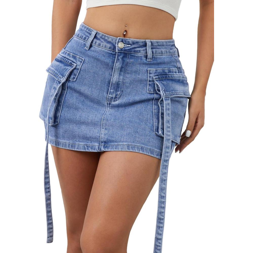 image:imageELLEVEN Cargo Jean Mini Skorts Skirt with Shorts UmderneathHigh Stretchy Y2K Denim Skirt with Flap PocketsBlue Denim