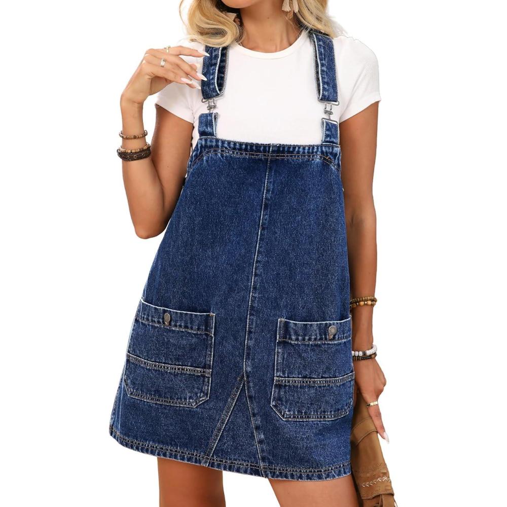 image:imageELLEVEN Denim Overalls Dress for Women Summer Adjustable Straps Sleeveless Jean Dresses Loose Denim Romper with PocketsBlue Denim