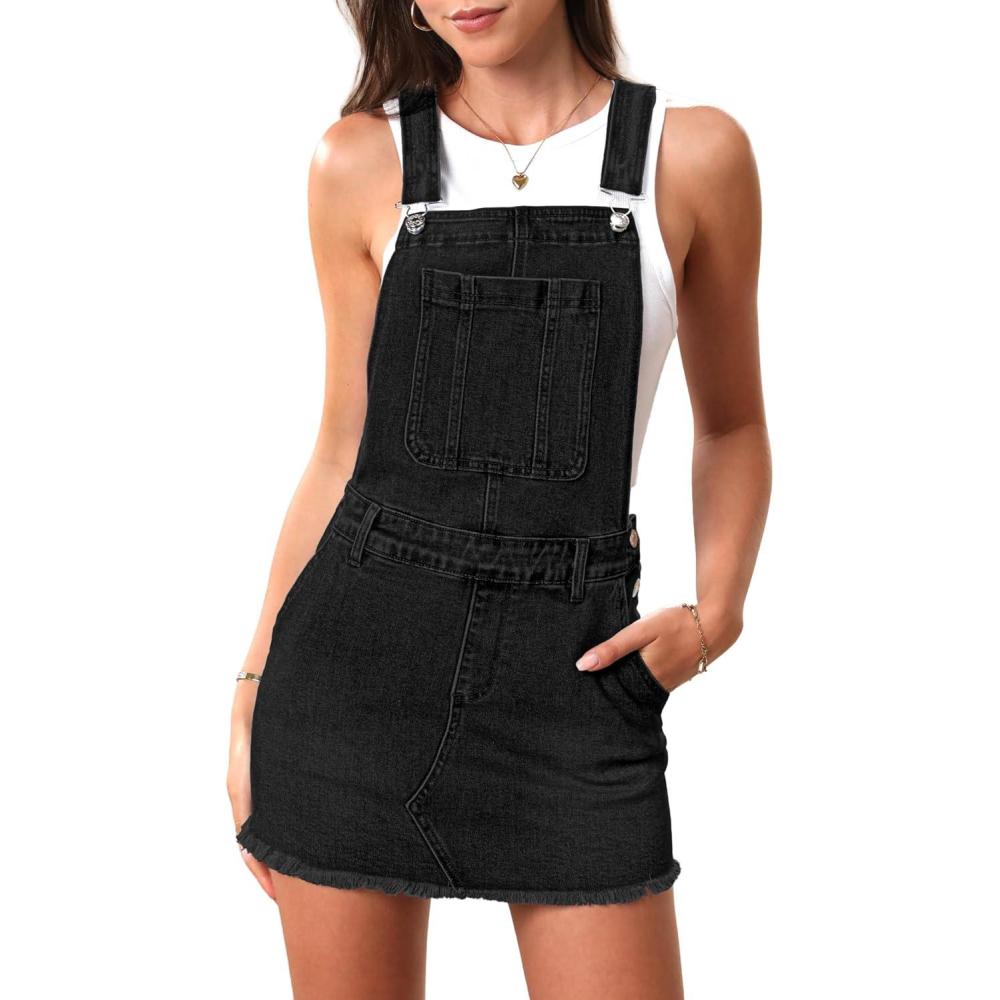 image:imageELLEVEN Denim Overalls Mini Dress for Women High Stretchy Adjustable Strap Jean Rompers with PocketsBlack