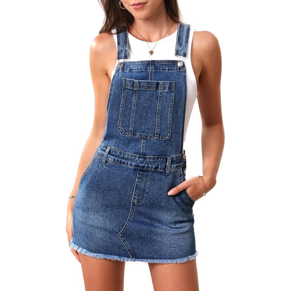 image:imageELLEVEN Denim Overalls Mini Dress for Women High Stretchy Adjustable Strap Jean Rompers with PocketsDark Blue Denim