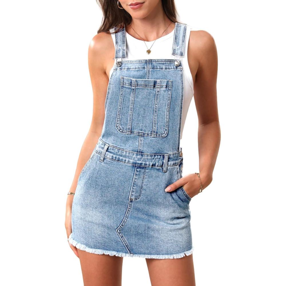 image:imageELLEVEN Denim Overalls Mini Dress for Women High Stretchy Adjustable Strap Jean Rompers with PocketsLight Blue Denim