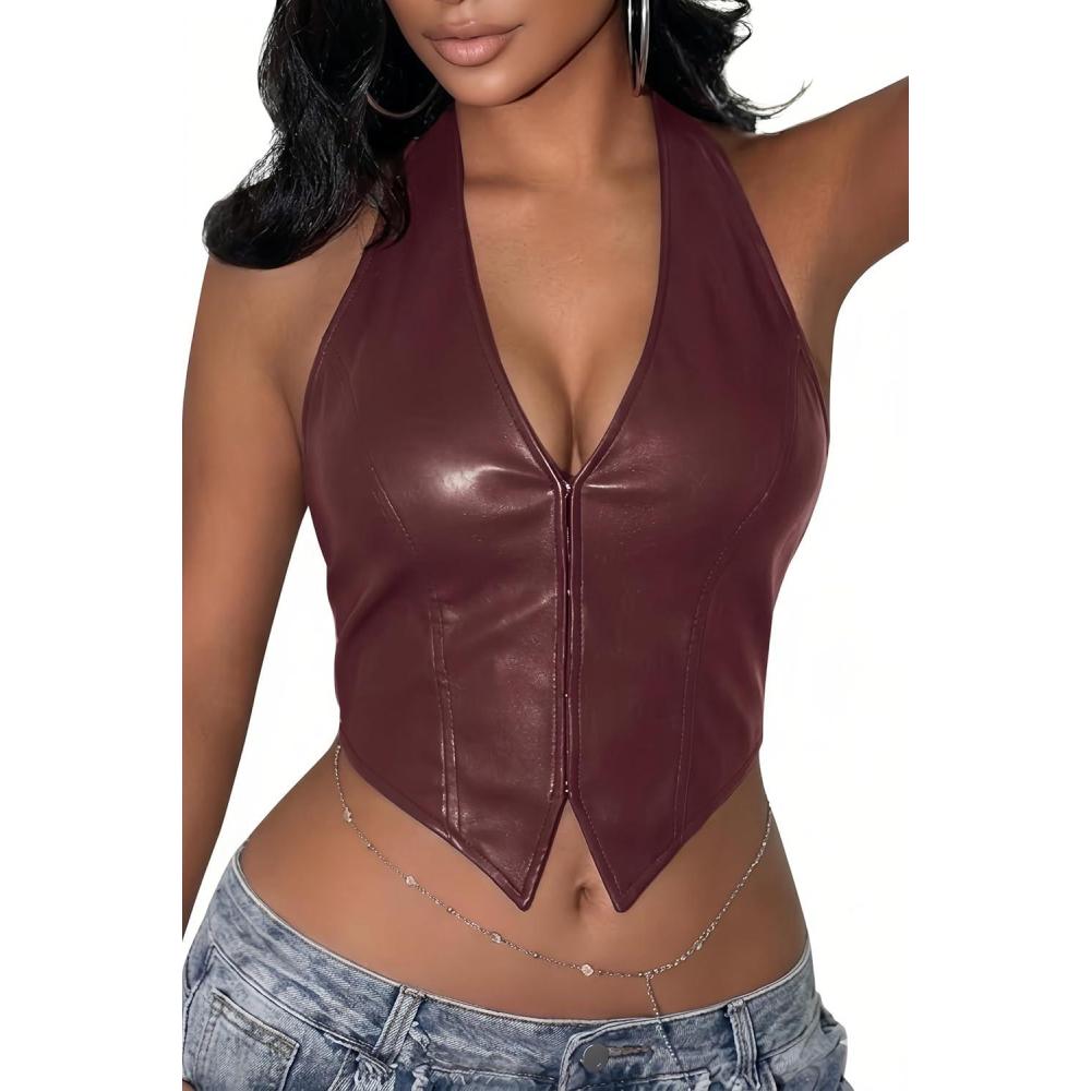 image:imageELLEVEN Halter Corset Crop Tops for Women Sexy Leather Deep V Neck Backless Asymmetrical Cami for Going Out PartyBurgundy