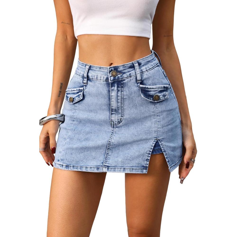 image:imageELLEVEN High Stretch Denim Skort Side Slit Mini Jean Skirt with Shorts UnderneathAblue Denim