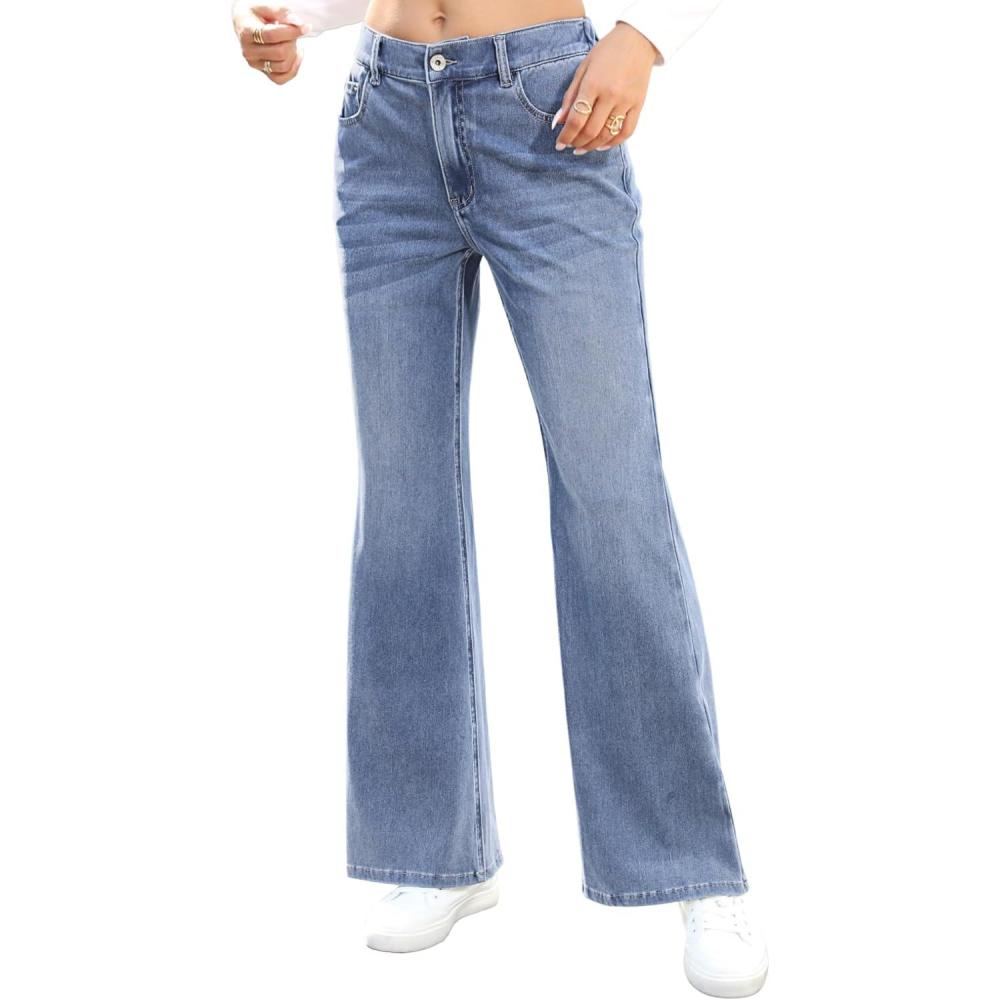 image:imageELLEVEN High Stretchy Bootcut Sweatpant Jeans for Women Elastic Waist Baggy Bell Bottom Pull on JeansBlue Denim
