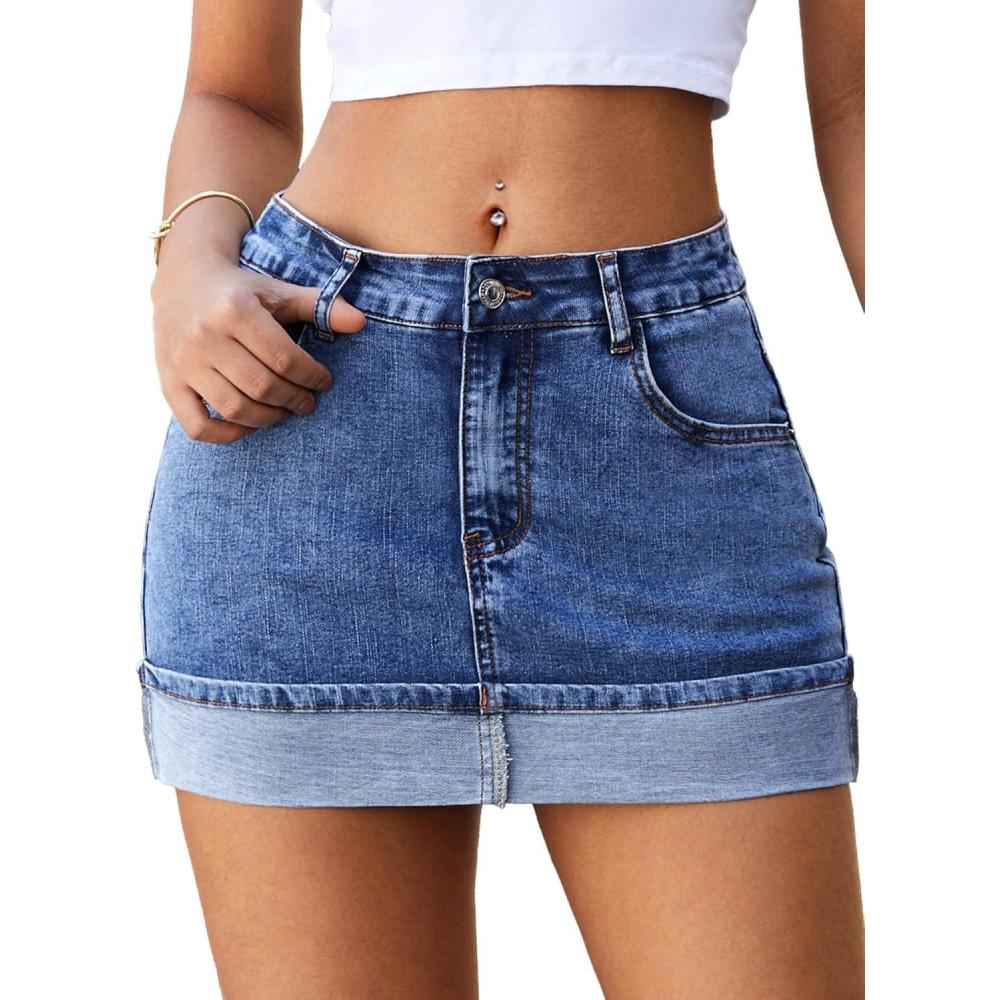 image:imageELLEVEN High Stretchy Mini Denim Skirts with Shorts UnderneathCuffed Hem Fitted Jean Skirt Mid Waist Summer SkortsBlue