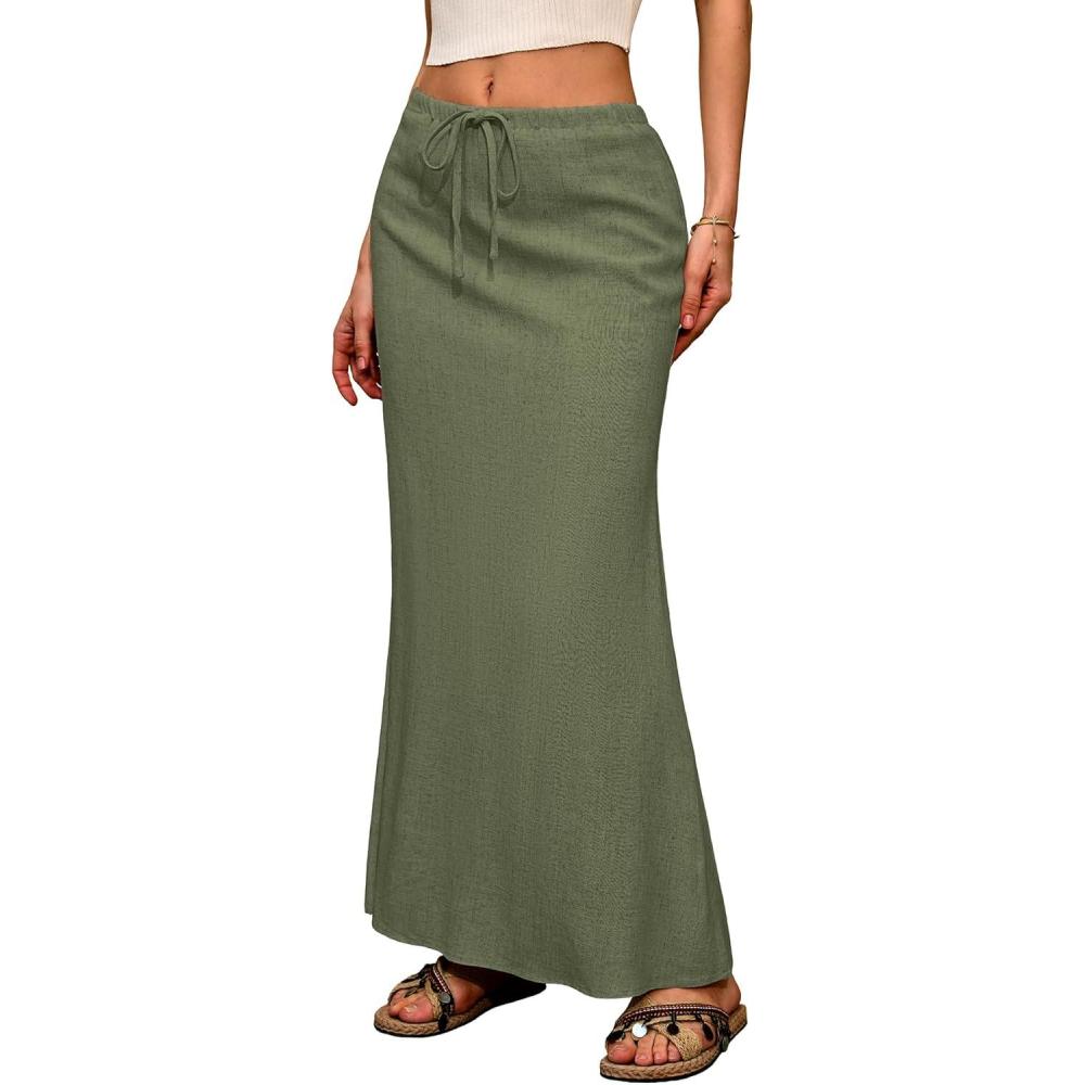image:imageELLEVEN Linen Flared Maxi Skirt with Back Slit  Elastic Waist Drawstring Long Flowy AnkleLength SkirtArmy Green