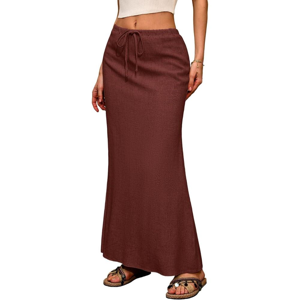 image:imageELLEVEN Linen Flared Maxi Skirt with Back Slit  Elastic Waist Drawstring Long Flowy AnkleLength SkirtMaroon