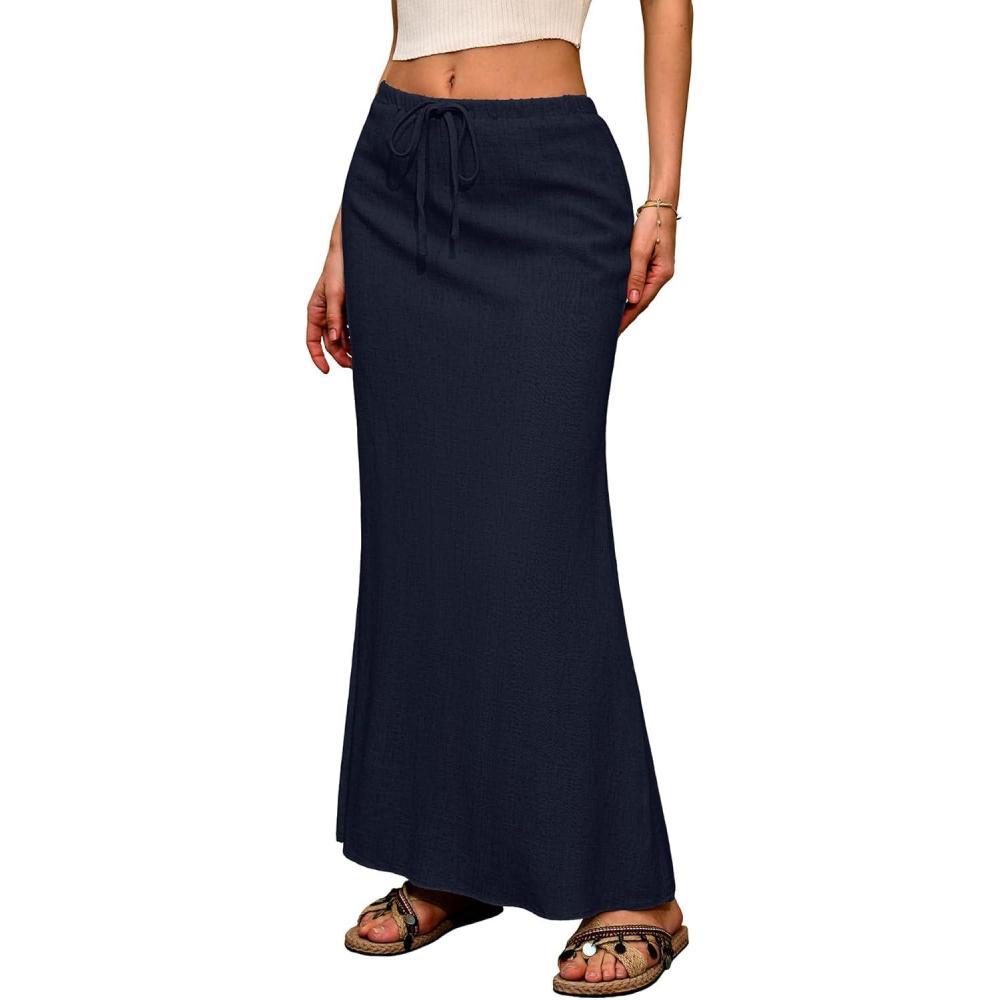 image:imageELLEVEN Linen Flared Maxi Skirt with Back Slit  Elastic Waist Drawstring Long Flowy AnkleLength SkirtNavy Blue