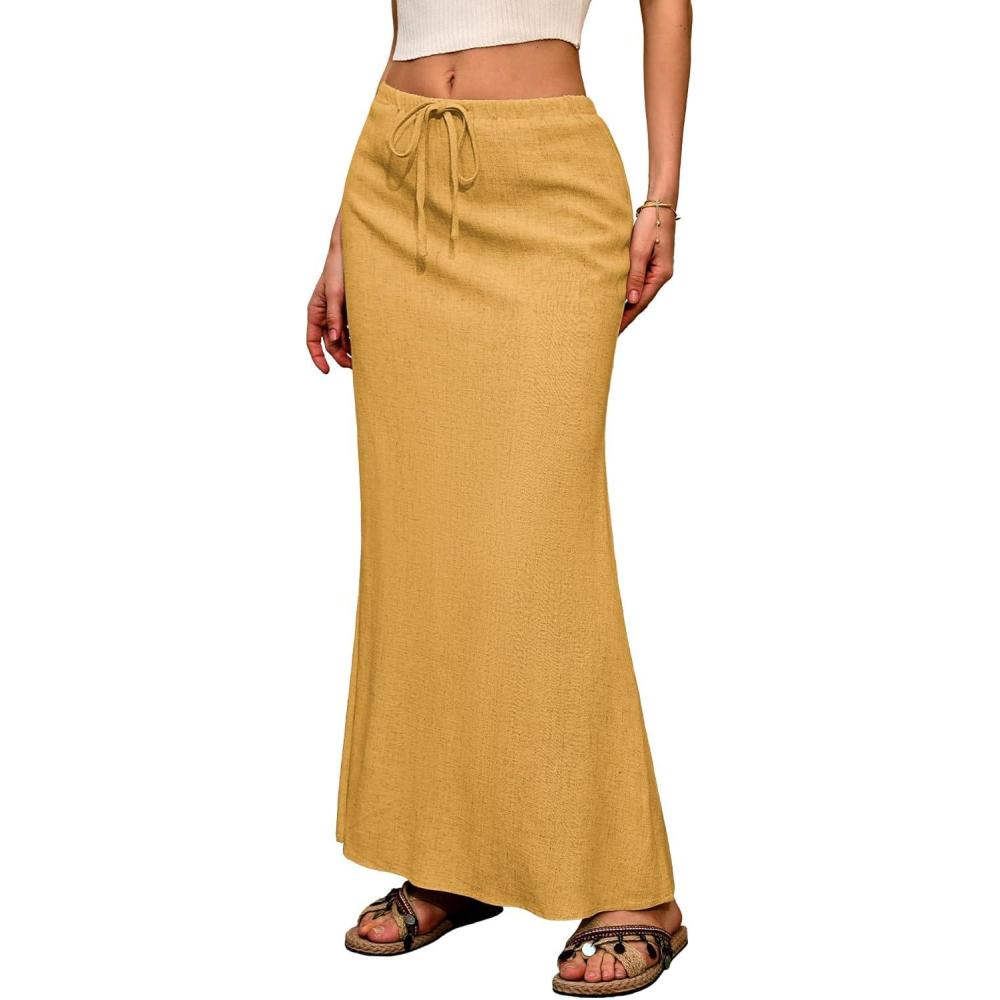 image:imageELLEVEN Linen Flared Maxi Skirt with Back Slit  Elastic Waist Drawstring Long Flowy AnkleLength SkirtYellow