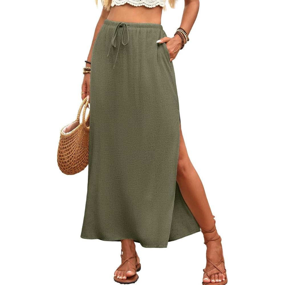 image:imageELLEVEN Linen Straight Maxi Skirt with Side Slit Elastic Waist Drawstring Long Flowy AnkleLength Skirt with PocketsArmy Green