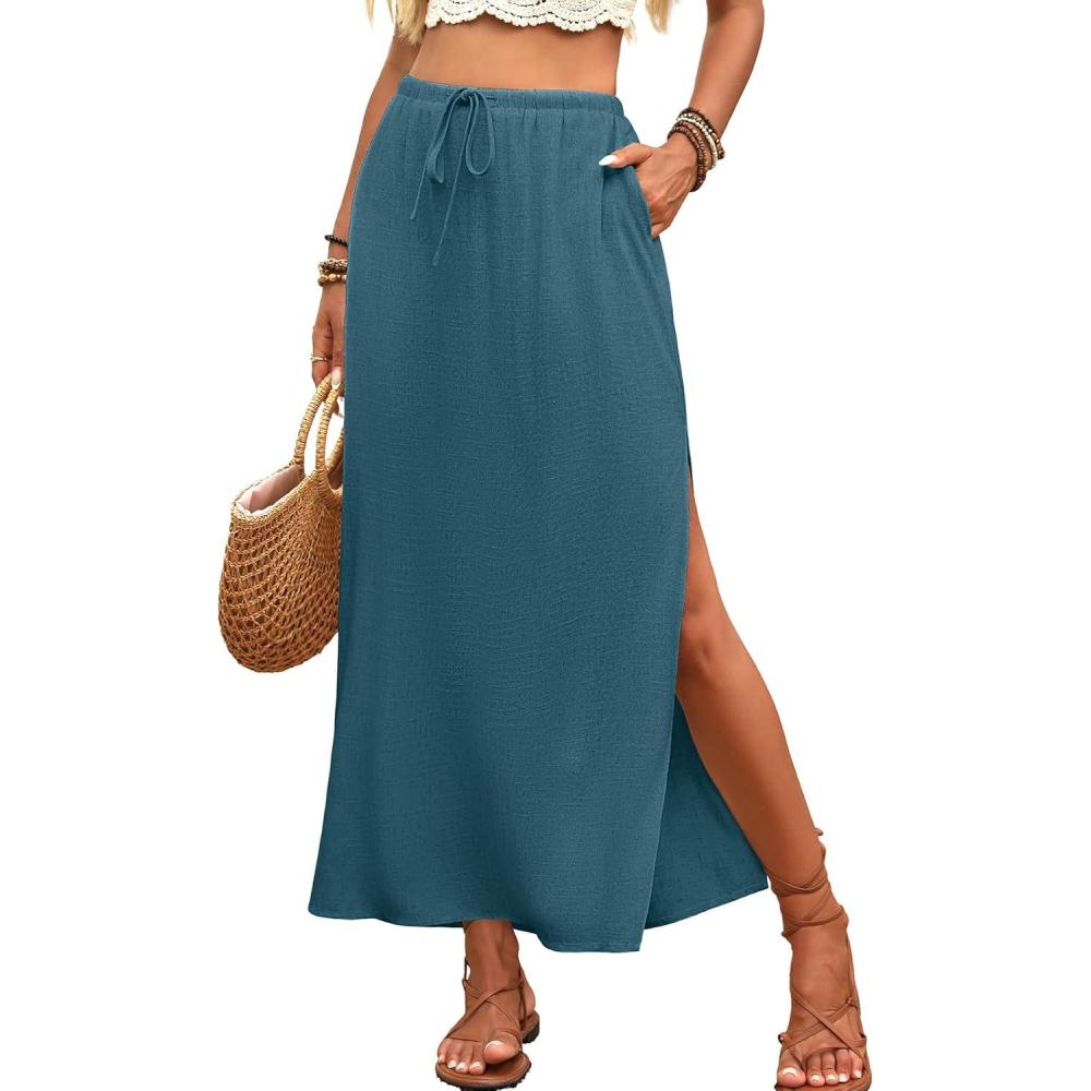 image:imageELLEVEN Linen Straight Maxi Skirt with Side Slit Elastic Waist Drawstring Long Flowy AnkleLength Skirt with PocketsPeacock Blue