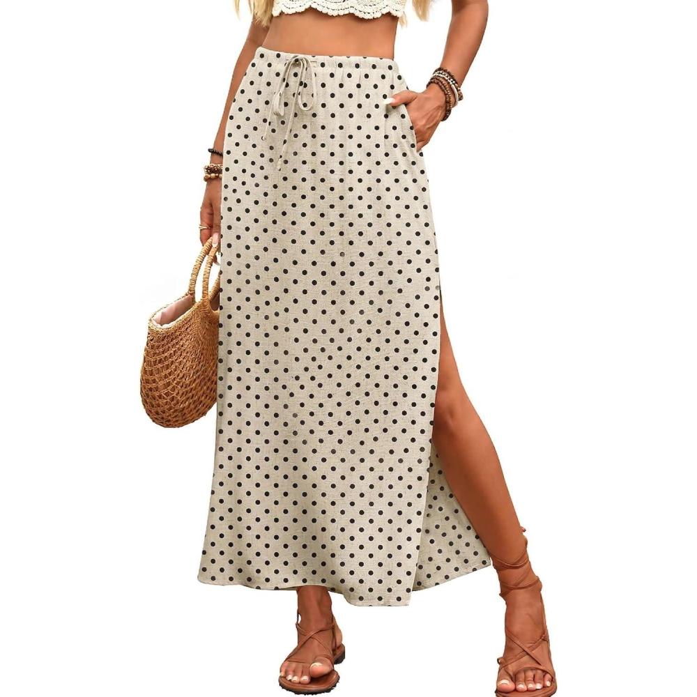 image:imageELLEVEN Linen Straight Maxi Skirt with Side Slit Elastic Waist Drawstring Long Flowy AnkleLength Skirt with PocketsPolka Dot