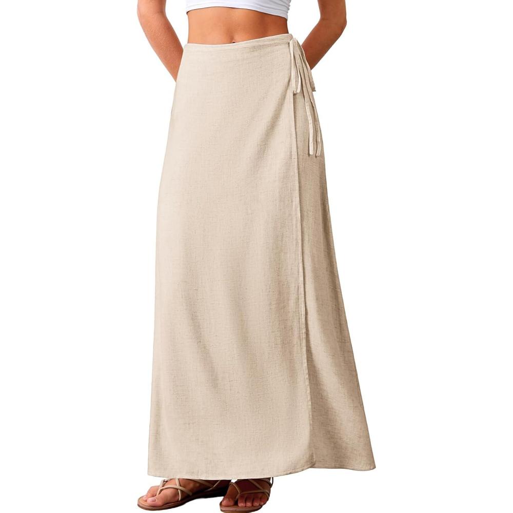 image:imageELLEVEN Linen Wrap Maxi Skirt Elastic Back Waistband Flowy A Line Summer Casual Long SkirtBeige