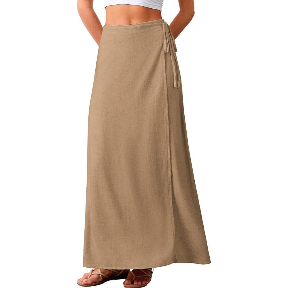 image:imageELLEVEN Linen Wrap Maxi Skirt Elastic Back Waistband Flowy A Line Summer Casual Long SkirtKhaki