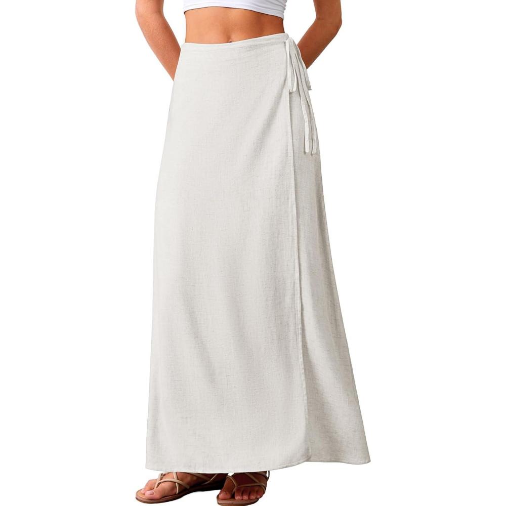 image:imageELLEVEN Linen Wrap Maxi Skirt Elastic Back Waistband Flowy A Line Summer Casual Long SkirtWhite