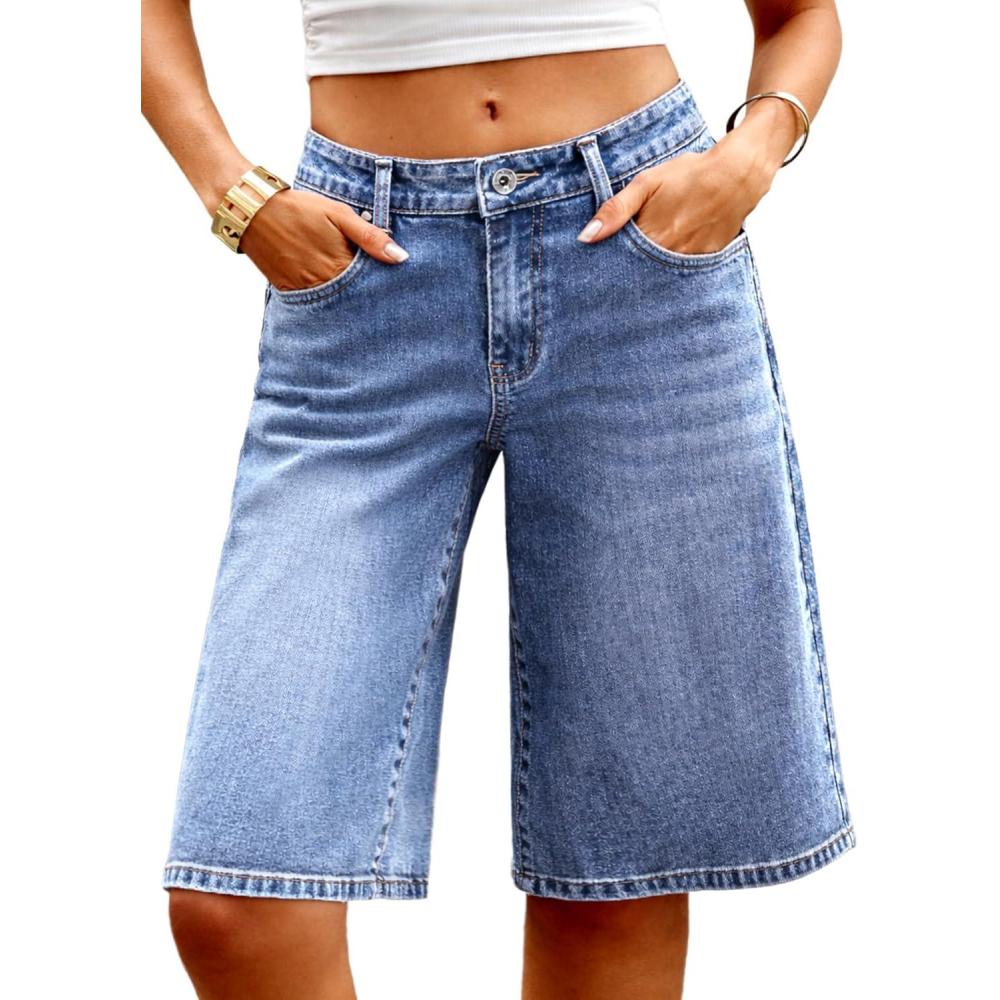 image:imageELLEVEN Low Rise Baggy Denim Shorts Stretchy Bermuda Knee Length Long Shorts for Women Summer Streetwear Short JeansBlue Denim
