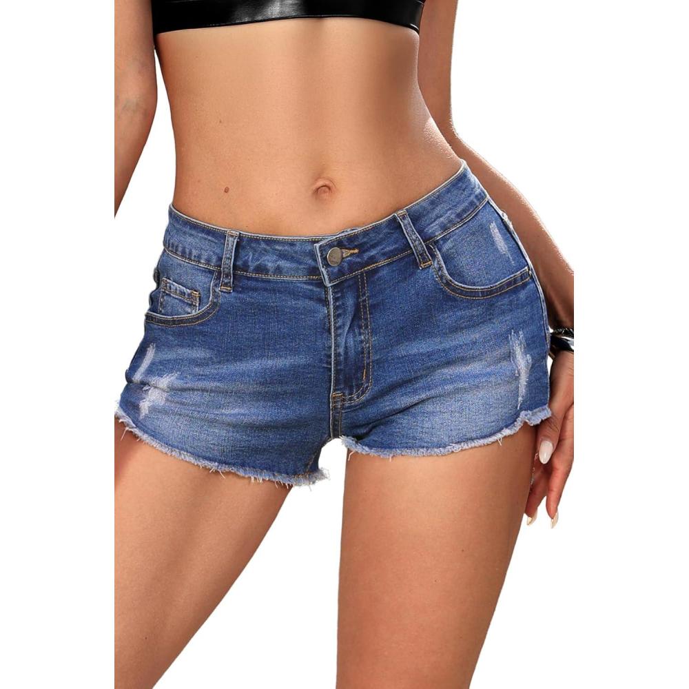 image:imageELLEVEN Low Rise Raw Hem Mini Jean Shorts for Women High Stretch Y2K Summer Micro Denim Shorts with PocketsBlue Denim