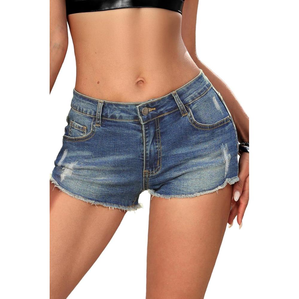 image:imageELLEVEN Low Rise Raw Hem Mini Jean Shorts for Women High Stretch Y2K Summer Micro Denim Shorts with PocketsLight Blue Denim