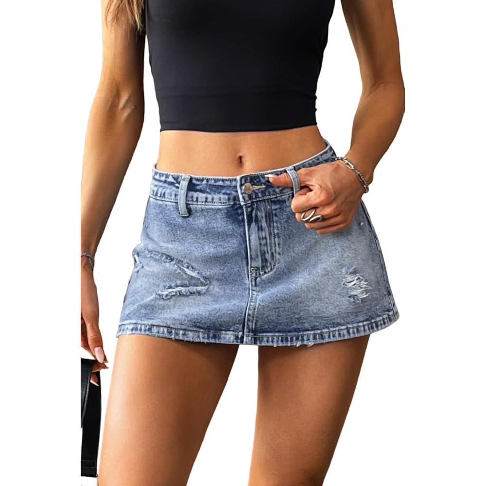 image:imageELLEVEN Low Rise Ripped Denim Mini Skort for WomenHigh Stretch Jean Skirt with Shorts Underneath Micro SkortMedium Wash