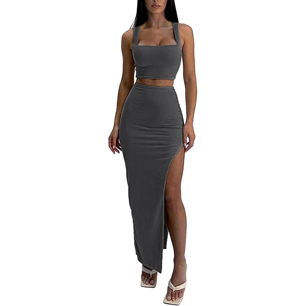 image:imageELLEVEN Two Piece Maxi Skirt Sets for Women Square Neck Tank Tops with High Side Slit Dress Sets Summer OutfitsDark Grey