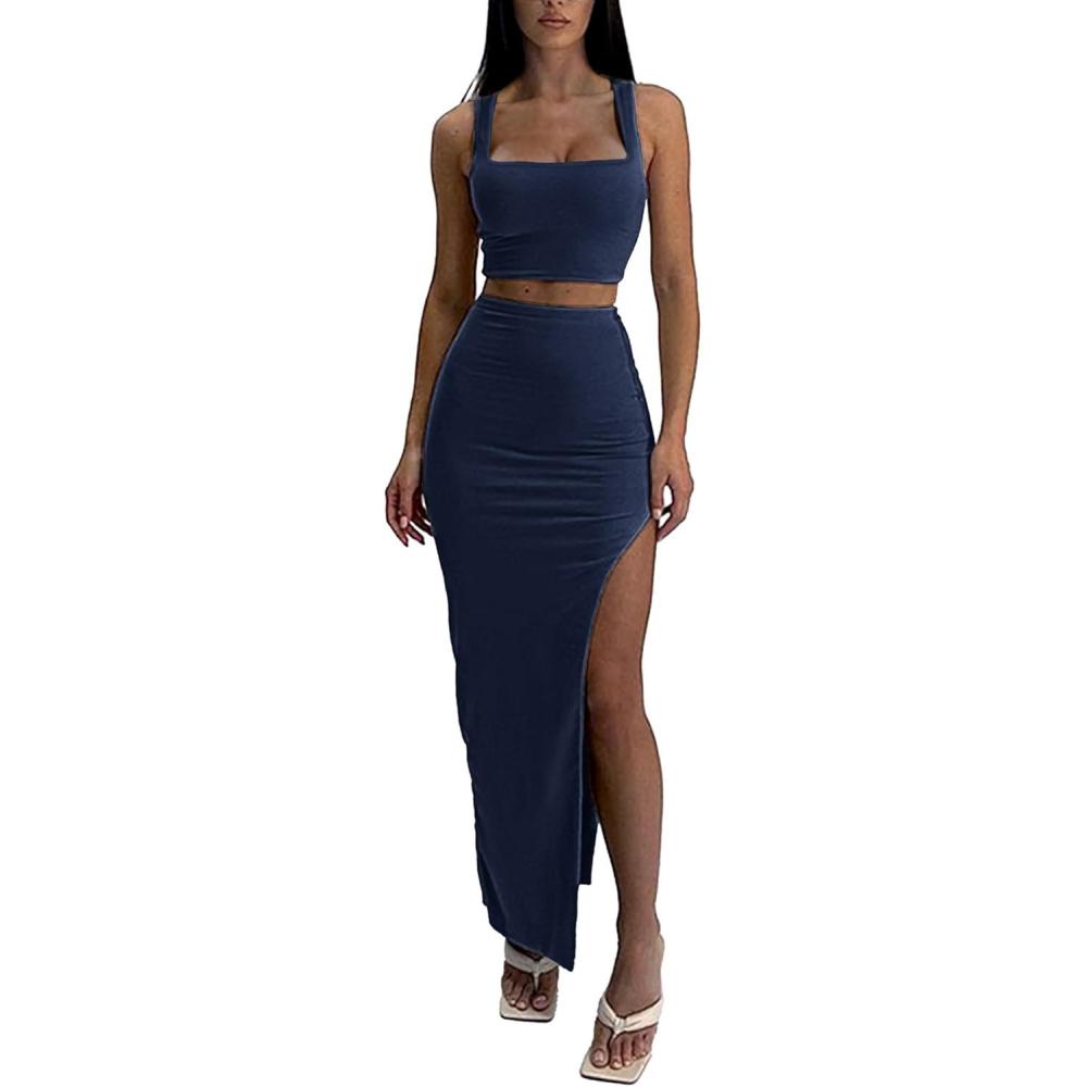 image:imageELLEVEN Two Piece Maxi Skirt Sets for Women Square Neck Tank Tops with High Side Slit Dress Sets Summer OutfitsNavy Blue