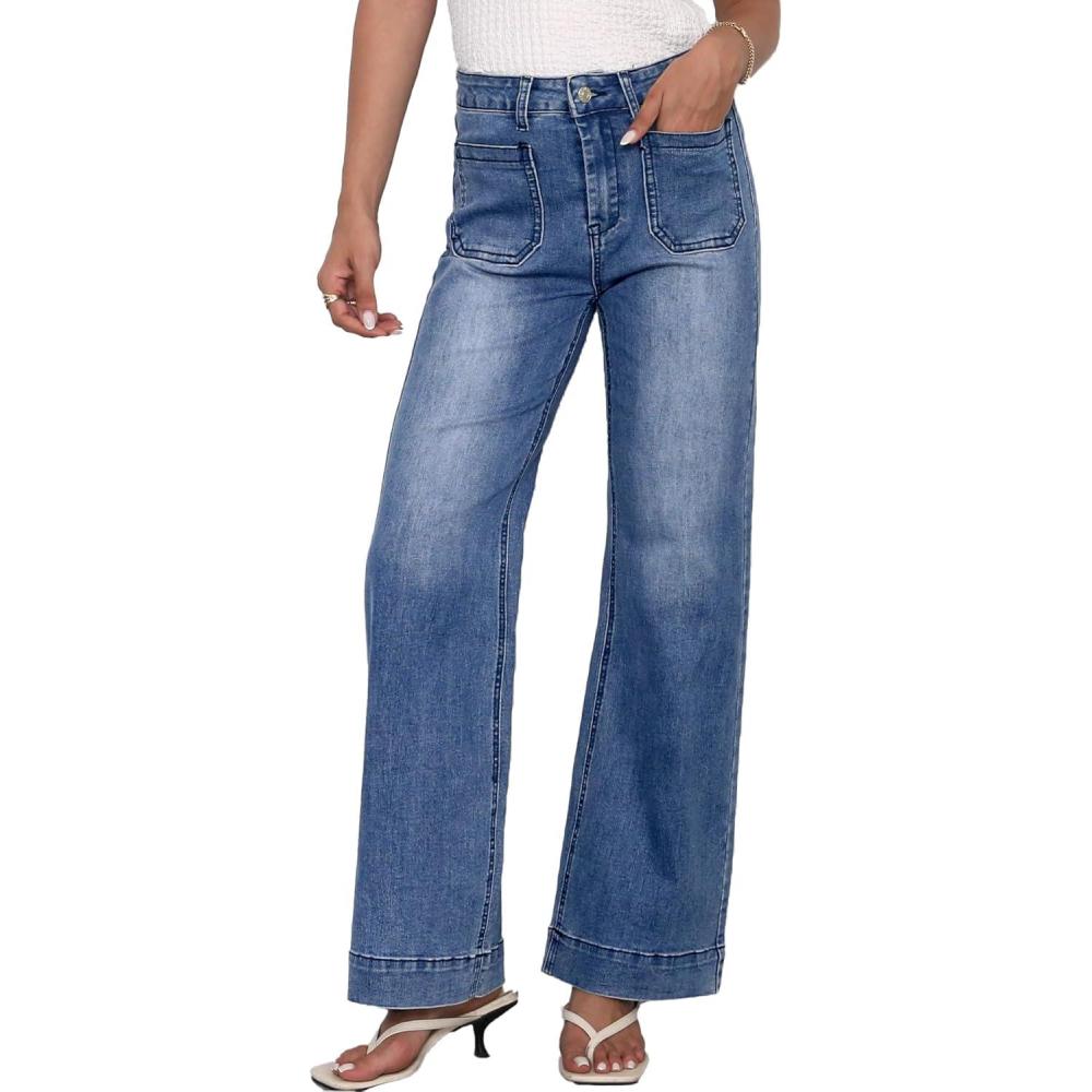 image:imageELLEVEN Wide Leg Jeans for Women Trendy Stretchy High Waisted Baggy Jeans Straight Leg Denim Pants with Patch PocketsDark Blue Denim