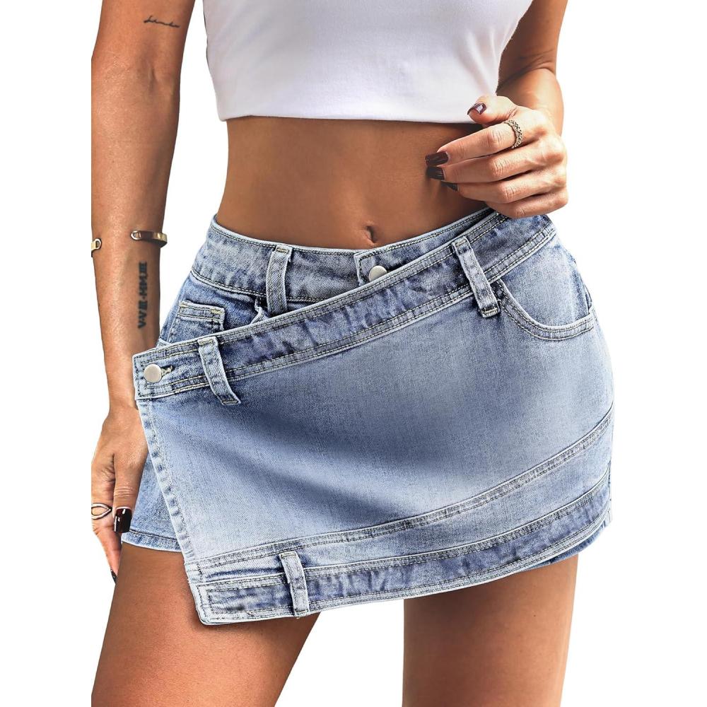 image:imageELLEVEN Women Asymmetrical Denim Skort  Front Skirt Back Shorts Mini Y2K Streetwear Sexy Jean SkortsLight Blue Denim
