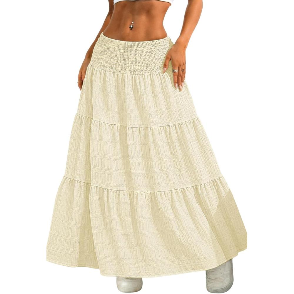 image:imageELLEVEN Womens Boho Long Maxi Skirts Lightweight Flowy Summer Vacation Outfits with Elastic WaistApricot