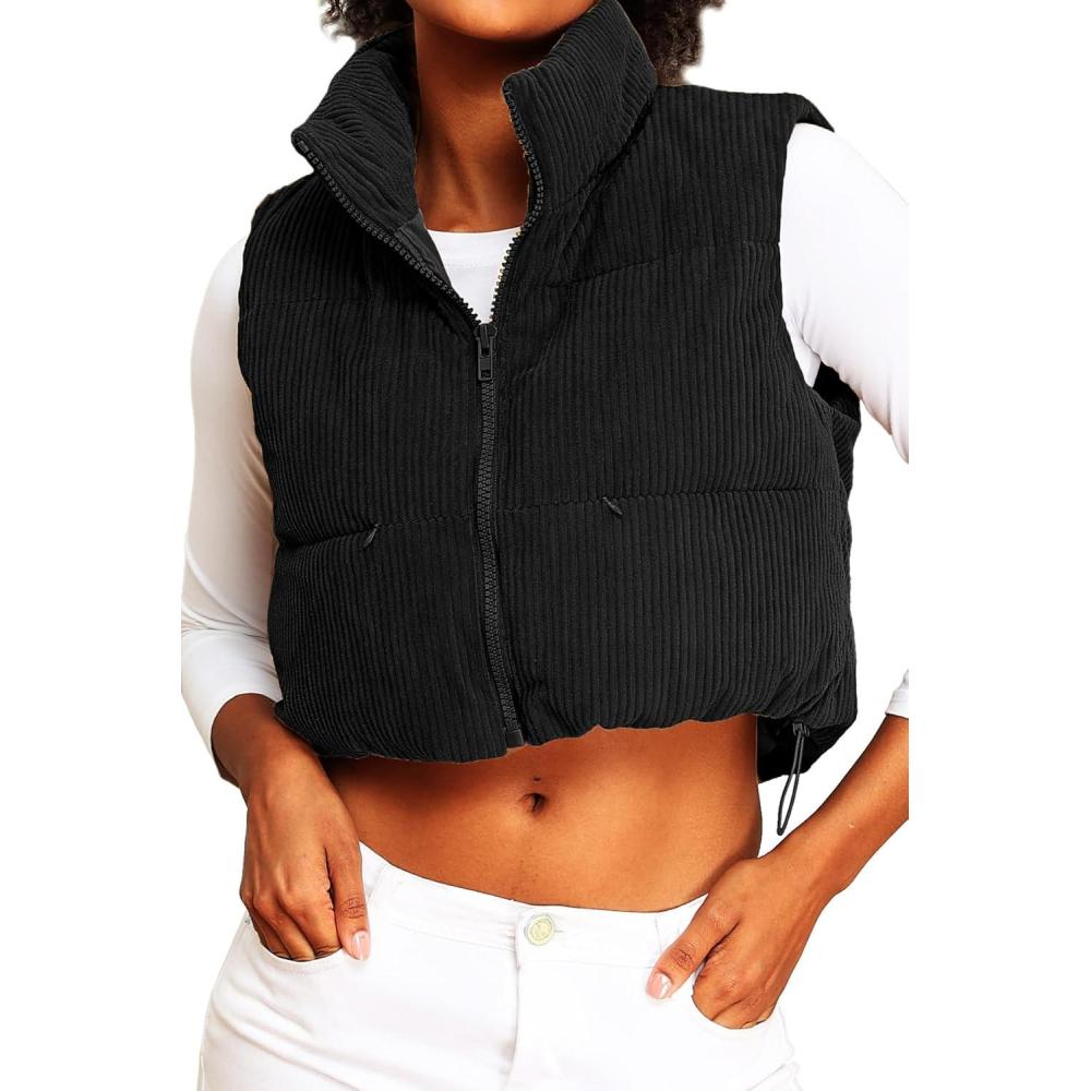 image:imageELLEVEN Womens Corduroy Cropped Puffer Vest with Pockets High Stand Collar Outerwear Lightweight Warm Sleeveless JacketBlack