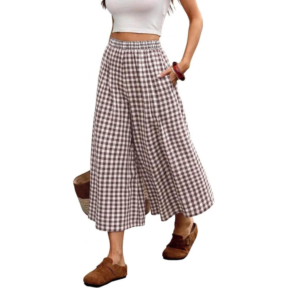 image:imageELLEVEN Womens Cotton Linen Gingham Pants Elastic Waist Flowy Wide Leg Plaid Capris Palazzo TrousersBrown