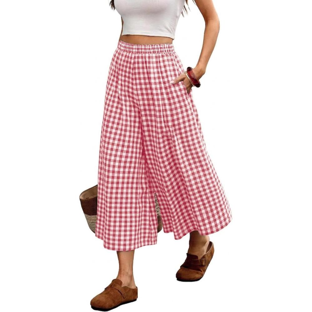 image:imageELLEVEN Womens Cotton Linen Gingham Pants Elastic Waist Flowy Wide Leg Plaid Capris Palazzo TrousersRed