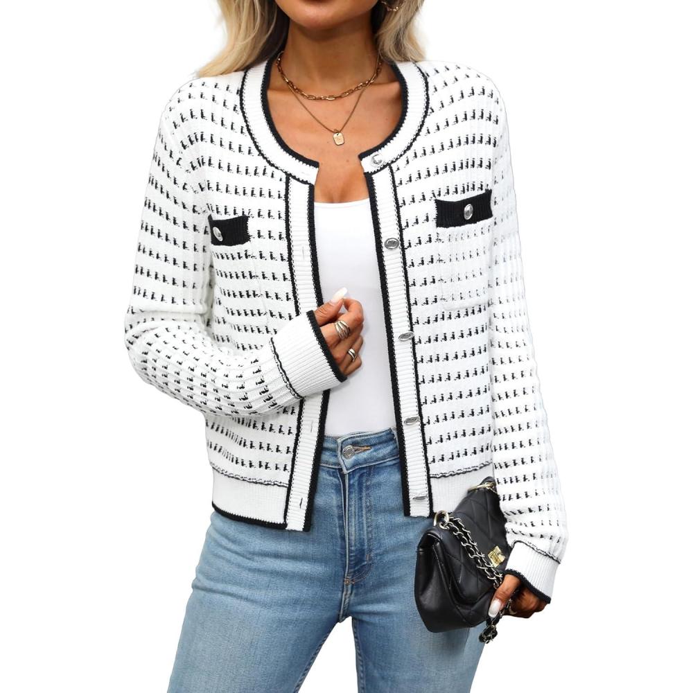 image:imageELLEVEN Womens Cropped Tweed Knit Cardigan SweaterTrendy Open Front Button Up Long Sleeve Cardigans with PocketsWhite