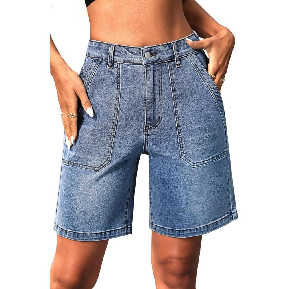 image:imageELLEVEN Womens Denim Bermuda Shorts Elastic Waist Stretchy Jean Trendy Summer Long Jorts with Big PocketsDenim Blue