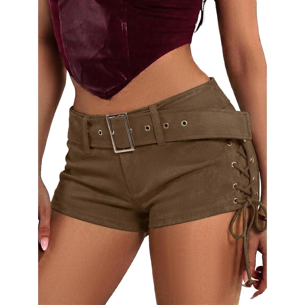 image:imageELLEVEN Womens Faux Leather Micro Shorts Lace Up Side Low Waist Buckle Belt Y2k Sexy Skinny Suede Mini ShortsBrown