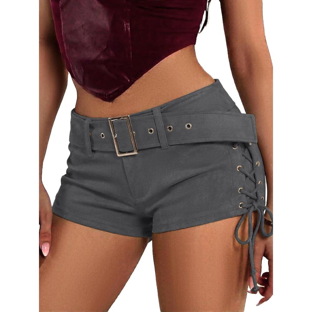 image:imageELLEVEN Womens Faux Leather Micro Shorts Lace Up Side Low Waist Buckle Belt Y2k Sexy Skinny Suede Mini ShortsDark Grey