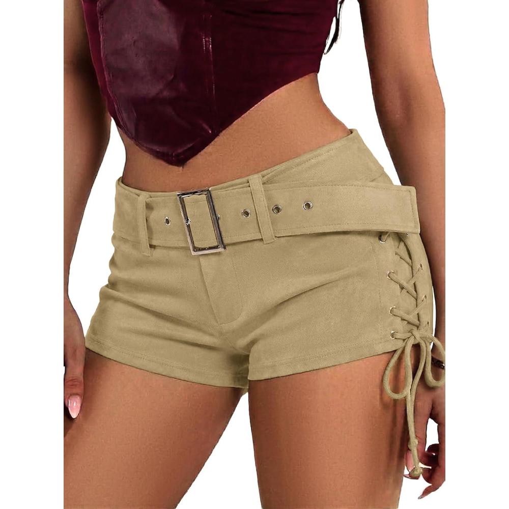 image:imageELLEVEN Womens Faux Leather Micro Shorts Lace Up Side Low Waist Buckle Belt Y2k Sexy Skinny Suede Mini ShortsKhaki