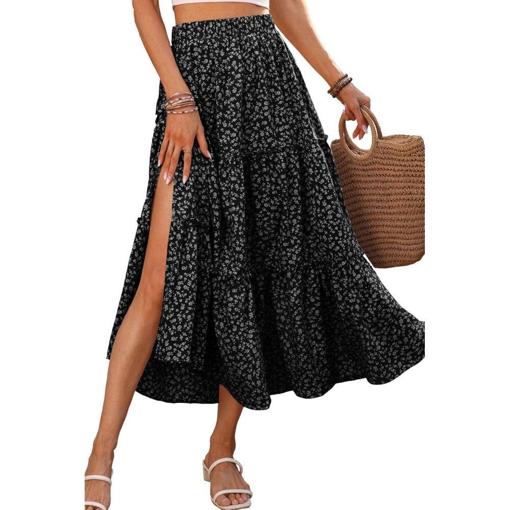 image:imageELLEVEN Womens Floral Maxi Skirt Boho Flowy High Waisted ALine Tiered Ruffle Skirt with Side SlitBlack White