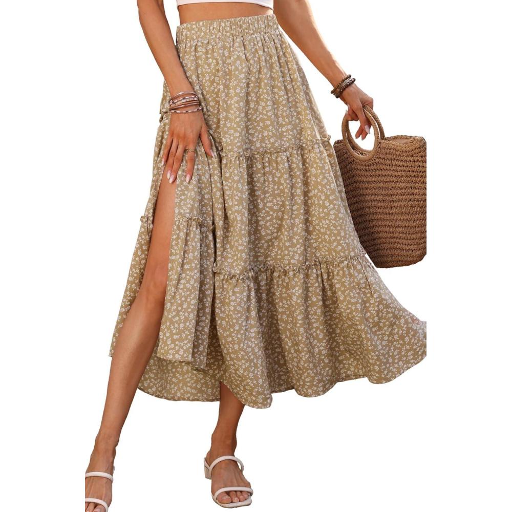 image:imageELLEVEN Womens Floral Maxi Skirt Boho Flowy High Waisted ALine Tiered Ruffle Skirt with Side SlitKhaki White