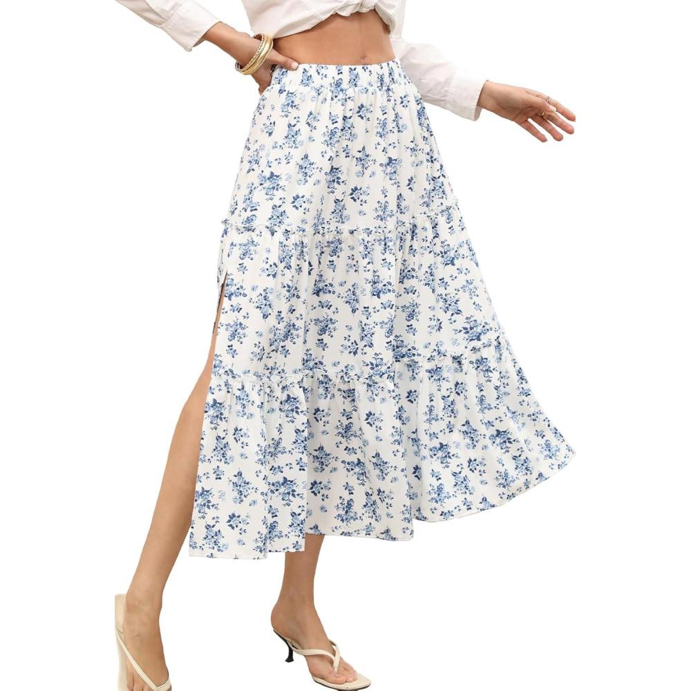 image:imageELLEVEN Womens Floral Maxi Skirt Boho Flowy High Waisted ALine Tiered Ruffle Skirt with Side SlitWhite Blue