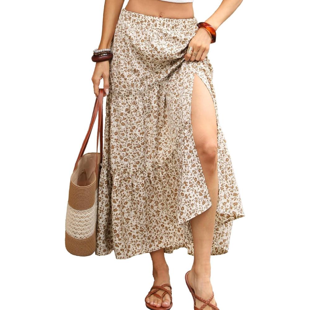 image:imageELLEVEN Womens Floral Maxi Skirt Boho Flowy High Waisted ALine Tiered Ruffle Skirt with Side SlitWhite Khaki