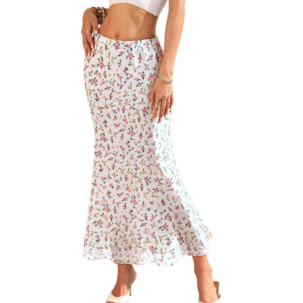 image:imageELLEVEN Womens Floral Mesh Maxi Skirt Boho Flowy Mermaid Bodycon Elastic High Waisted Long Skirts for WomenPink Floral