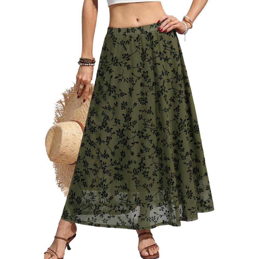 image:imageELLEVEN Womens Floral Mesh Maxi SkirtFlowy RuffleBoho Elastic High Waisted Elegant Long Skirts for WomenArmy Green